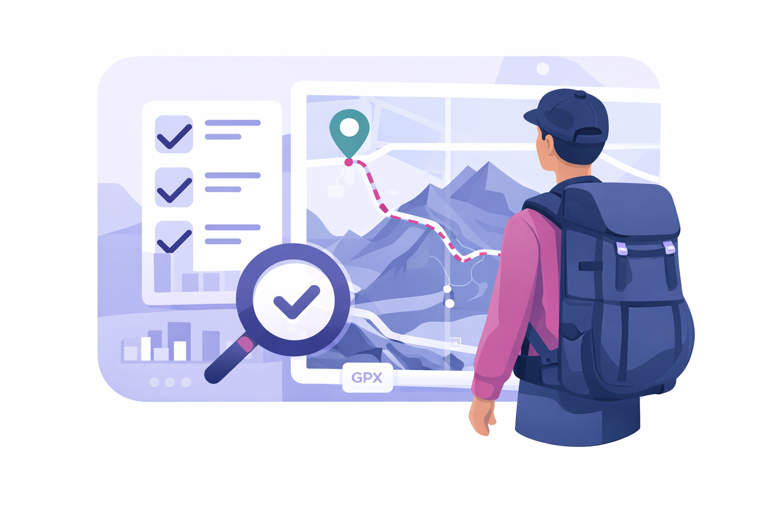 Ilustracja trackera szlaku z turystą, trasą GPX i mapą górską.