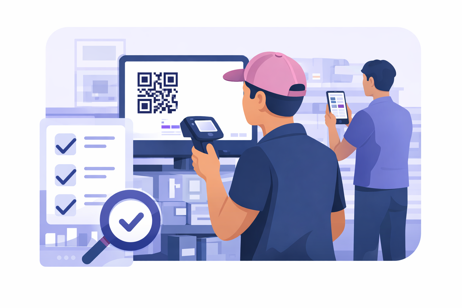 Ilustracja systemu inwentaryzacji z pracownikami, skanerem i kodem QR.