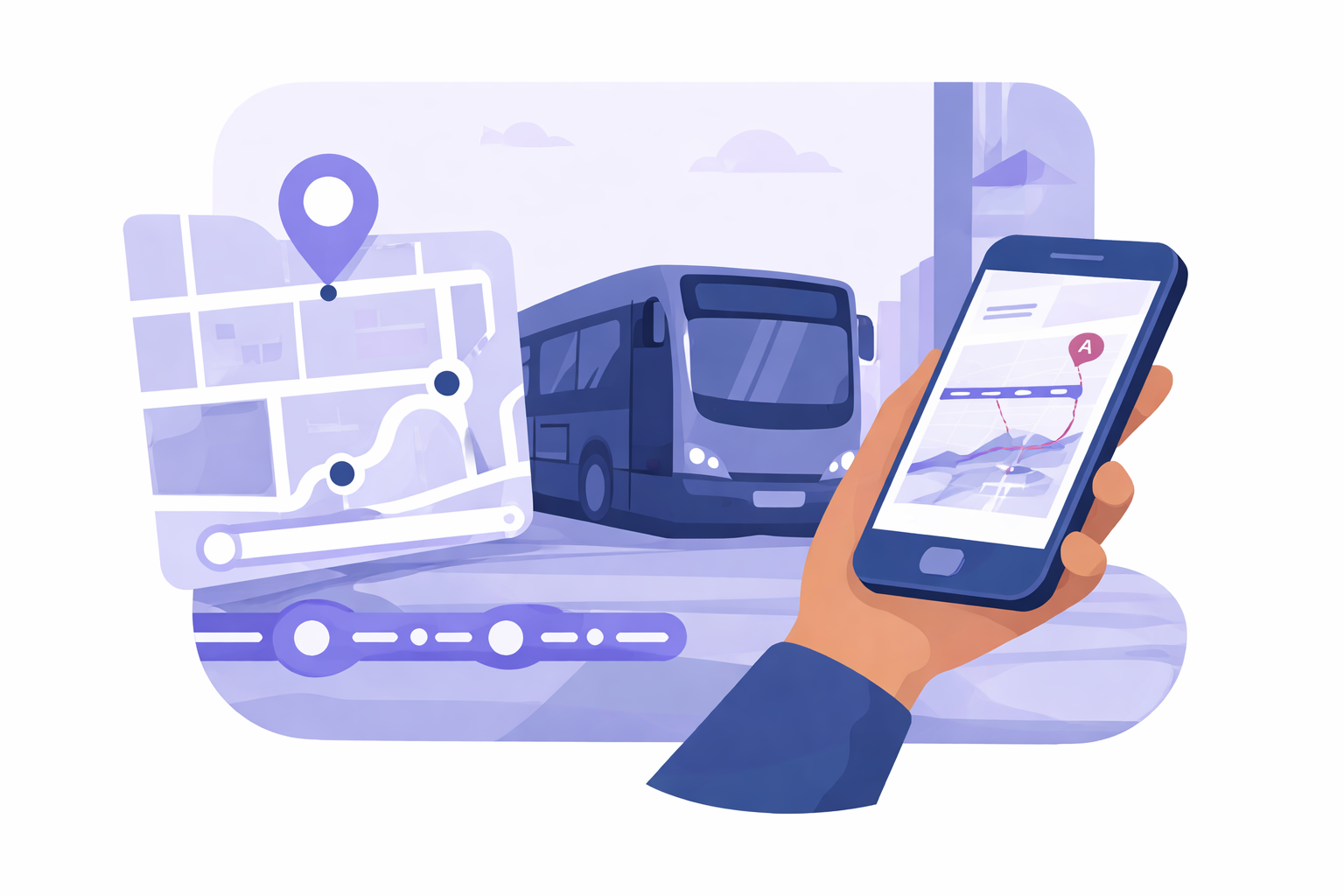 Ilustracja aplikacji transportu publicznego z trasą, mapą i autobusem.